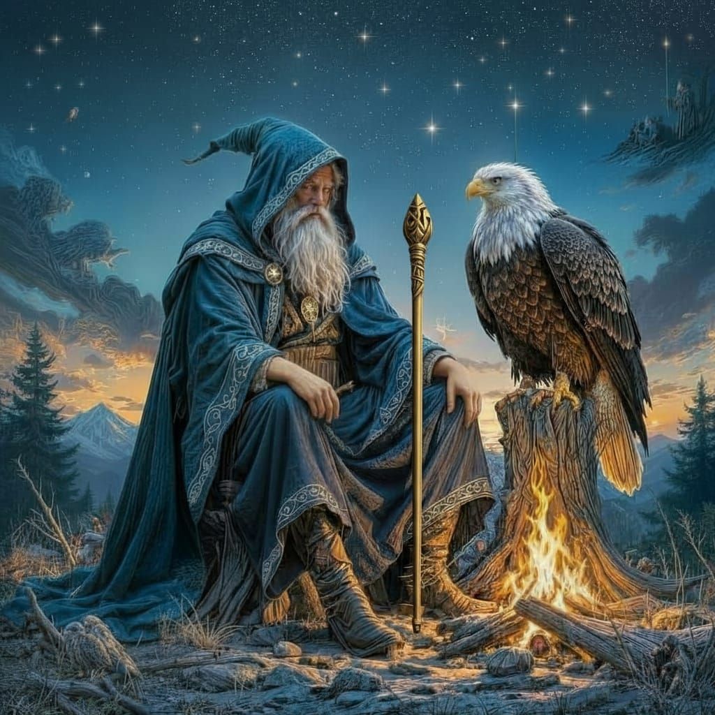 Wizard with Pet Eagle by Campfire on a Dead Tree Stump