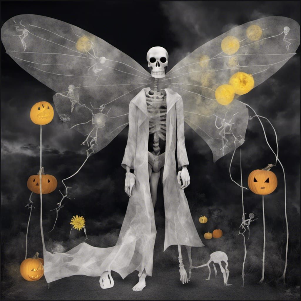 Cute witches and skeleton jack o lantern headed skeleton man , spooky Halloween Fairy family in a Million Dandelion d...