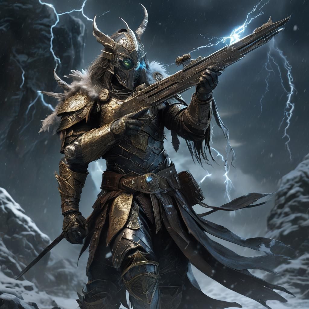 Ancient Warrior in Frost Lands with Lightning, Dark Fantasy ...