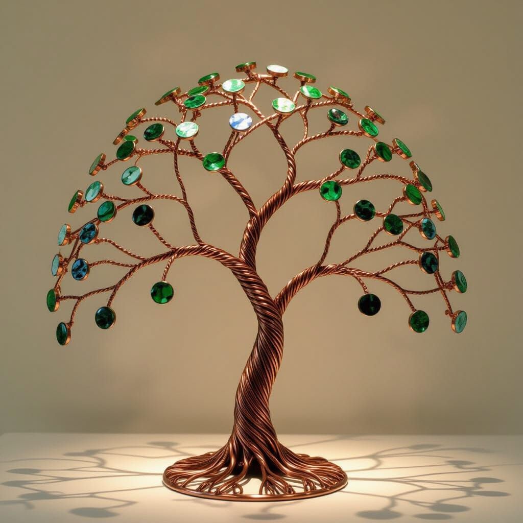 Copper Wire Willow Tree Sculpture with Green and Blue Stones