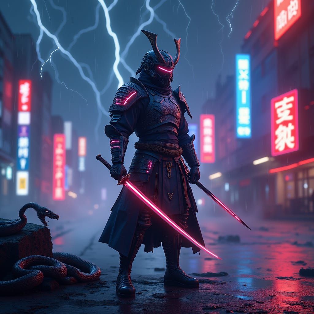 Cyberpunk Samurai on Neon Rooftop with Snake