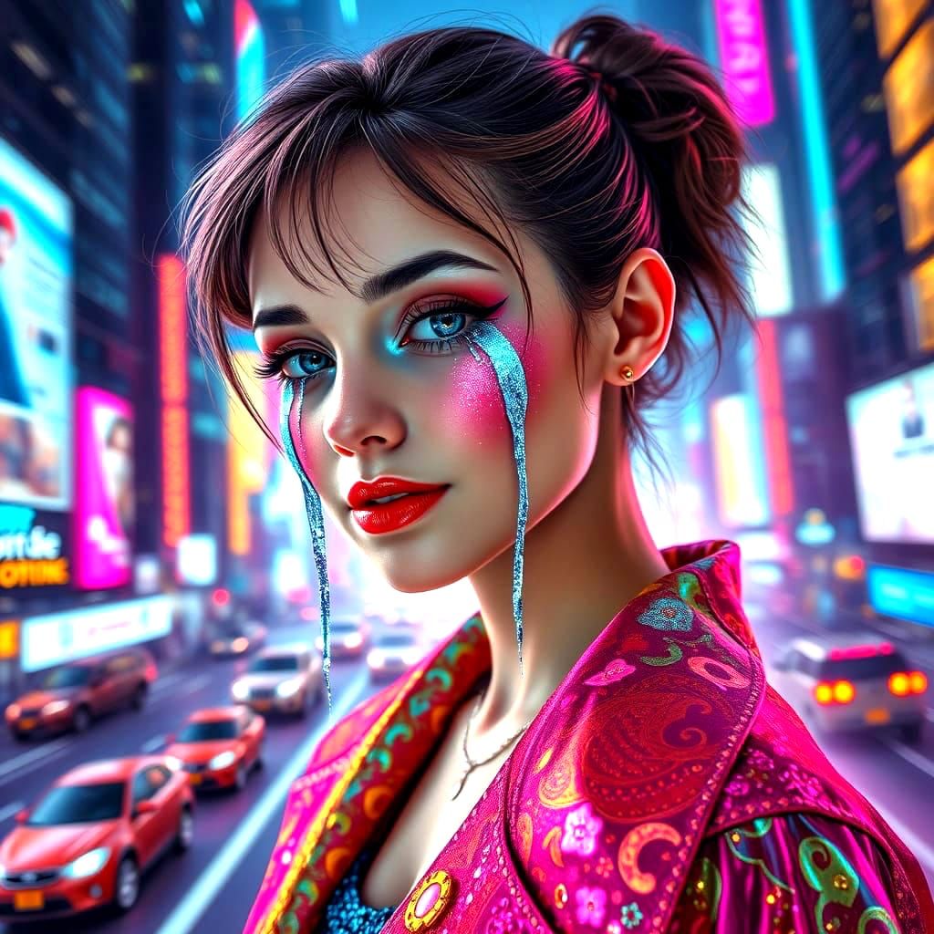 Blue Tears of Joy in a Vibrant Cityscape