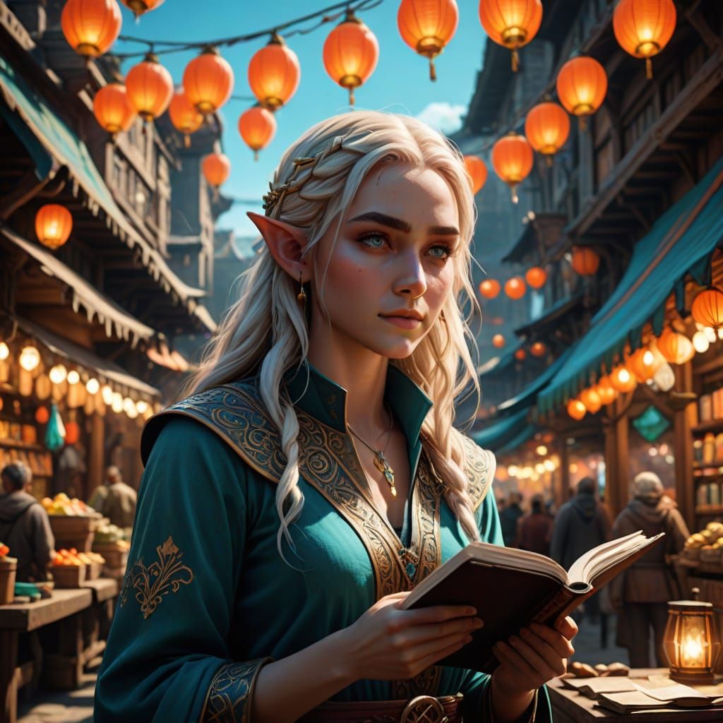 Fantasy Elf in Whimsical Market Scene