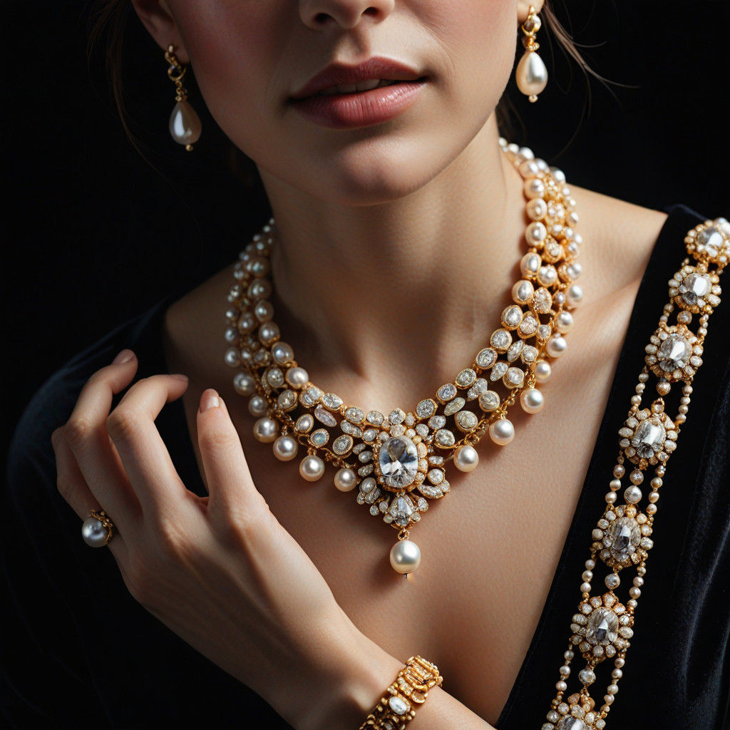 Luxurious Necklace in Close-up: Diamonds and Pearls in Opule...