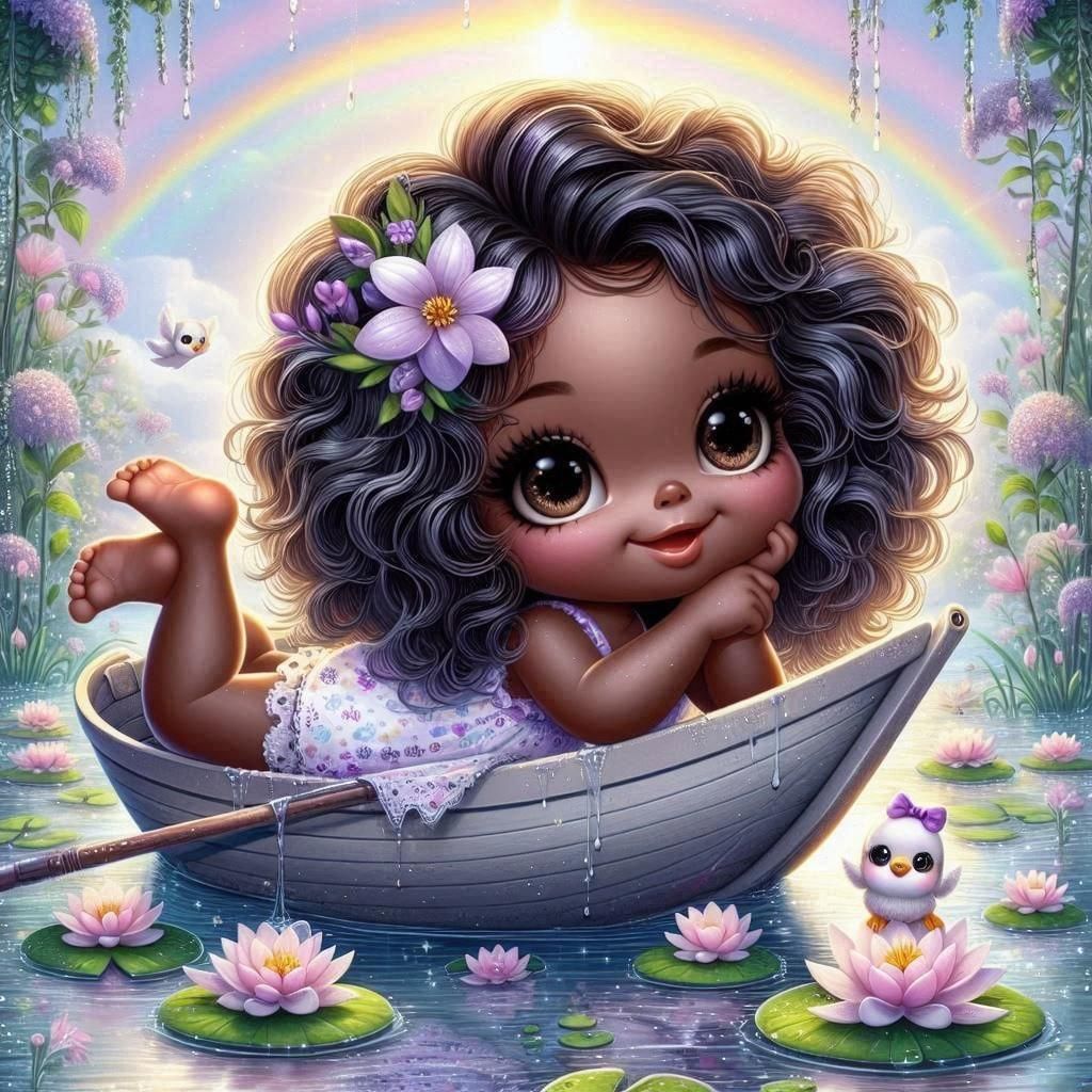 Whimsical chibi Girl in Row boat