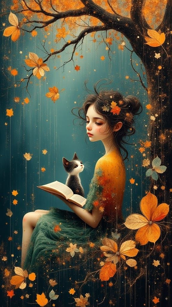 Girl with Kitten Reads on Porch Swing in Autumn Rain