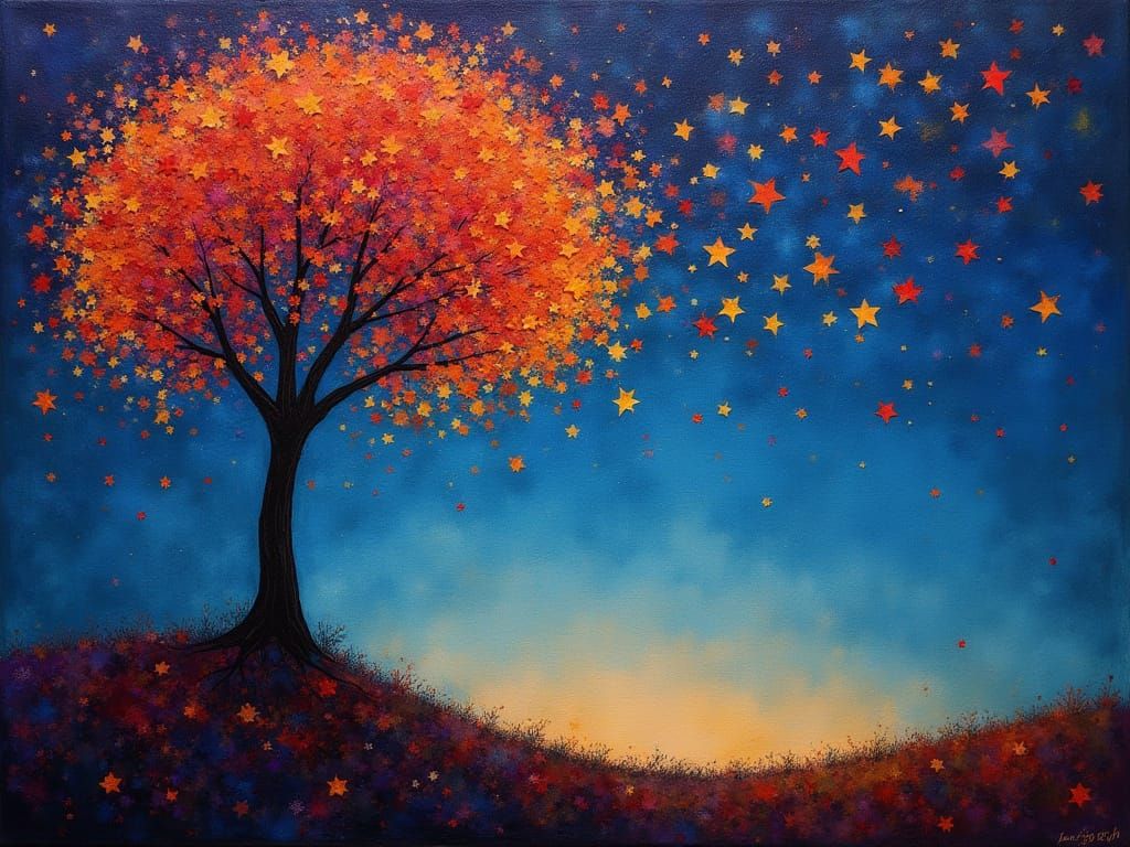 Surreal Autumn Leaves Ascend To Starry Twilight Sky