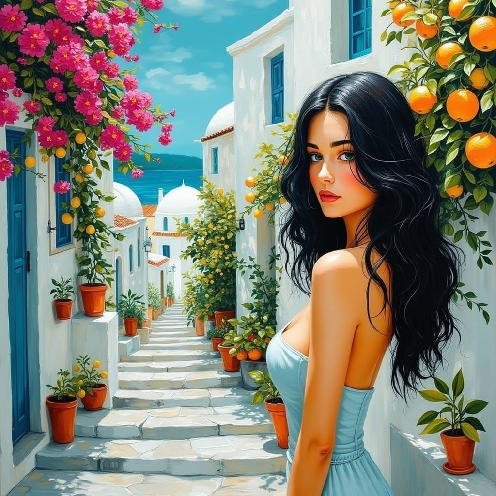 Dark-Haired Beauty in Vibrant Greek Alleys