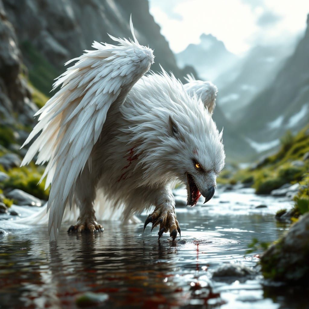 Majestic Griffin Drinks from Crystal Clear Mountain Stream