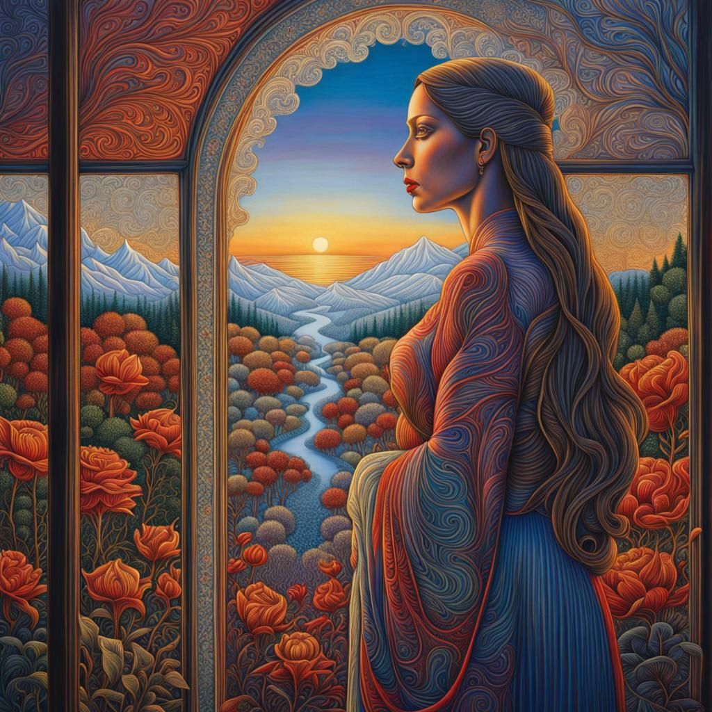 Melancholic Woman in Winter Garden: Line Art