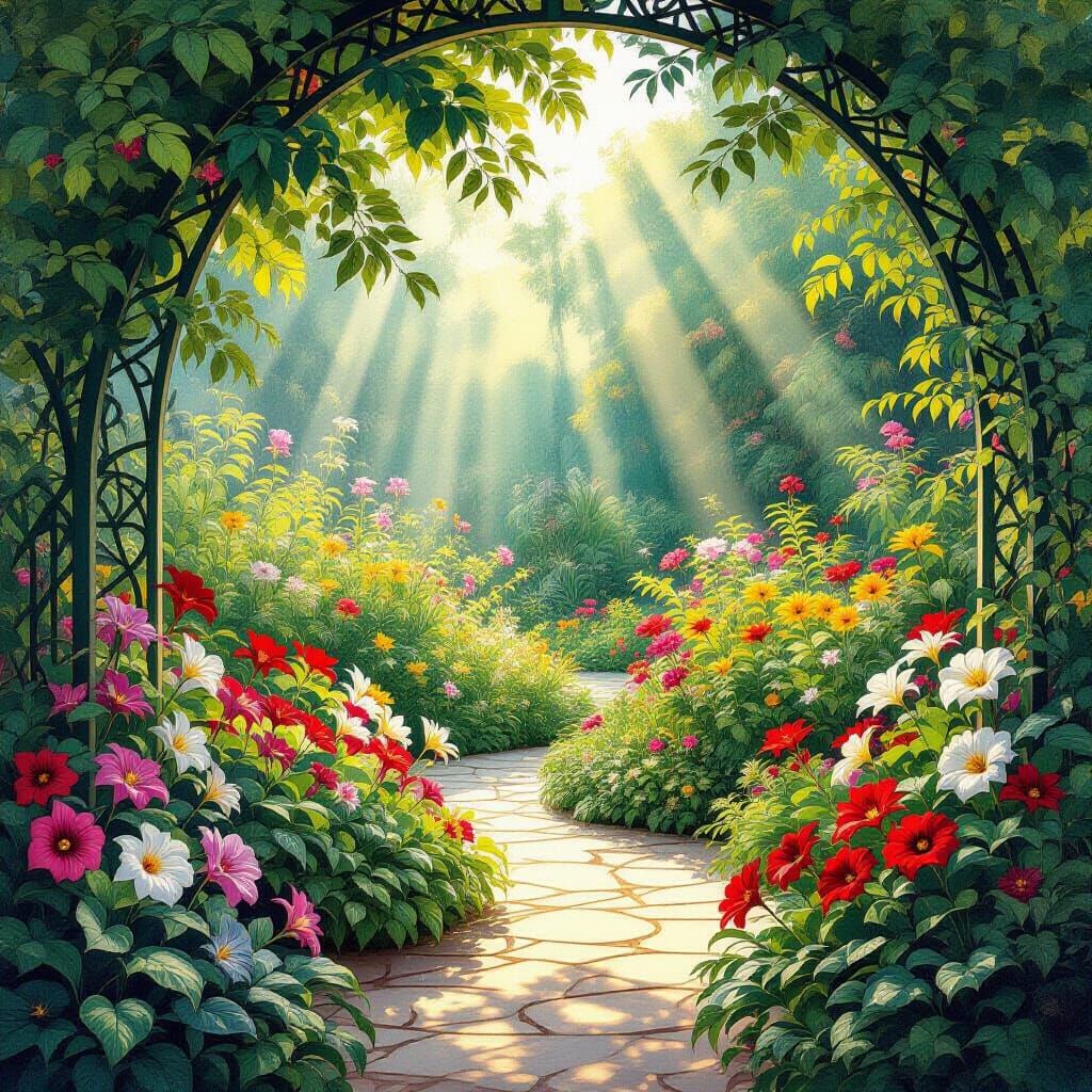 Art Nouveau Garden with Exotic Flowers and Ethereal Sunbeams