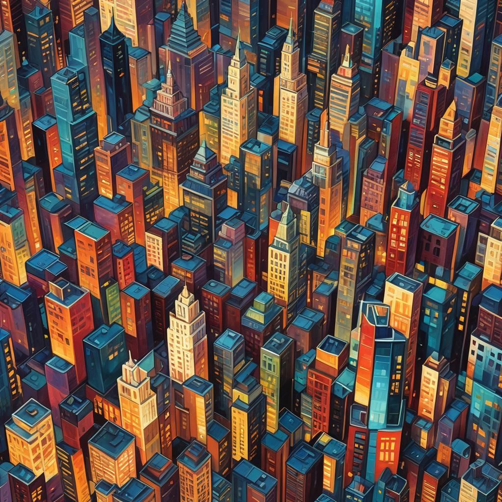 Geometric Cubist Cityscape in Vibrant Art Deco Style