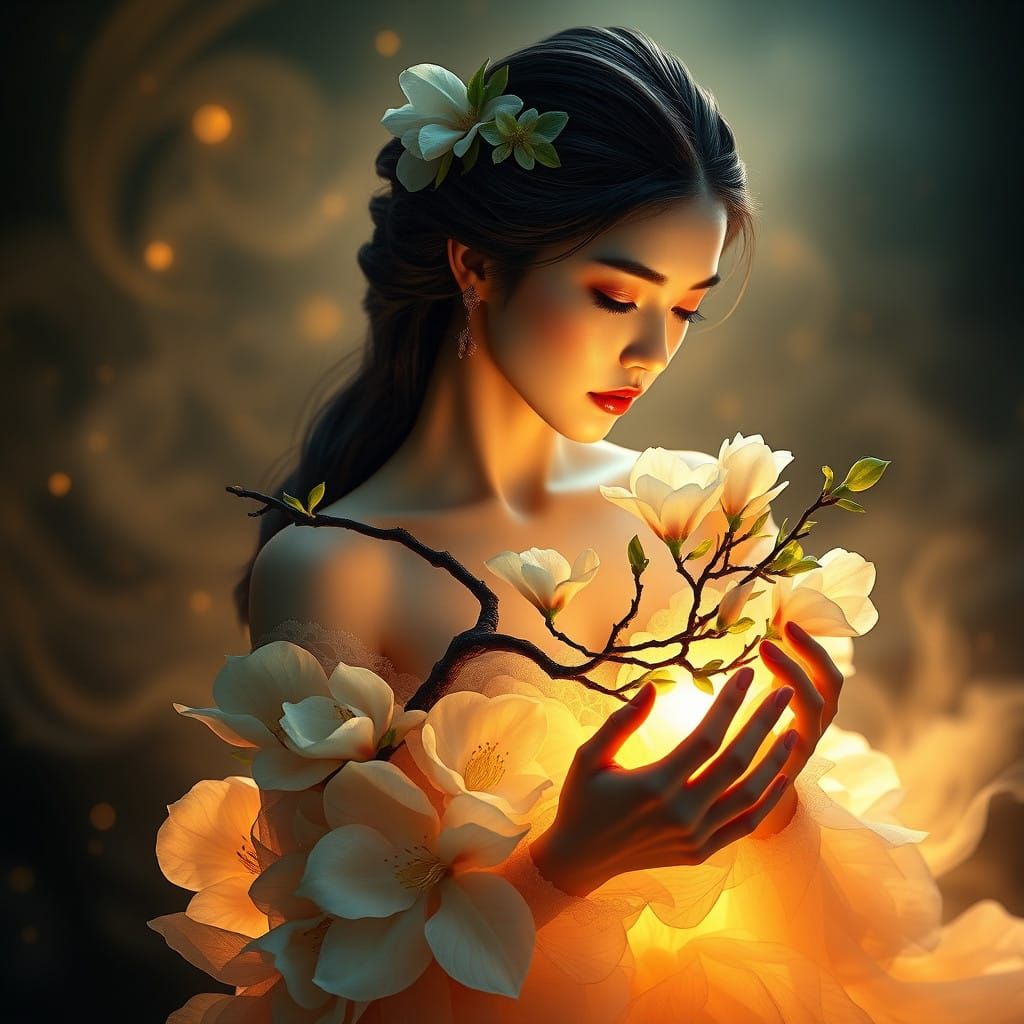 Woman with Glowing Magnolia Bonsai in Enchanting, Ethereal L...