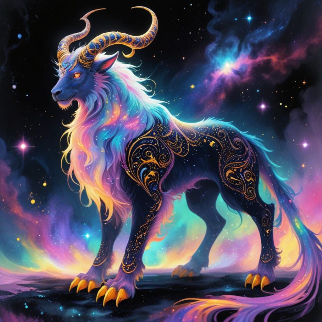 Mystic Beast in Cosmic Realm Fantasy Ink Painting