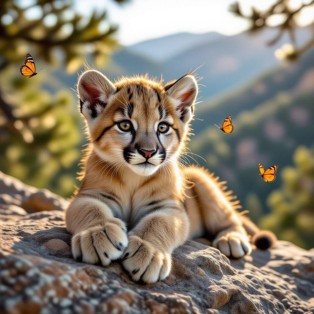 Mountain Lion Cub on Ledge with Butterflies