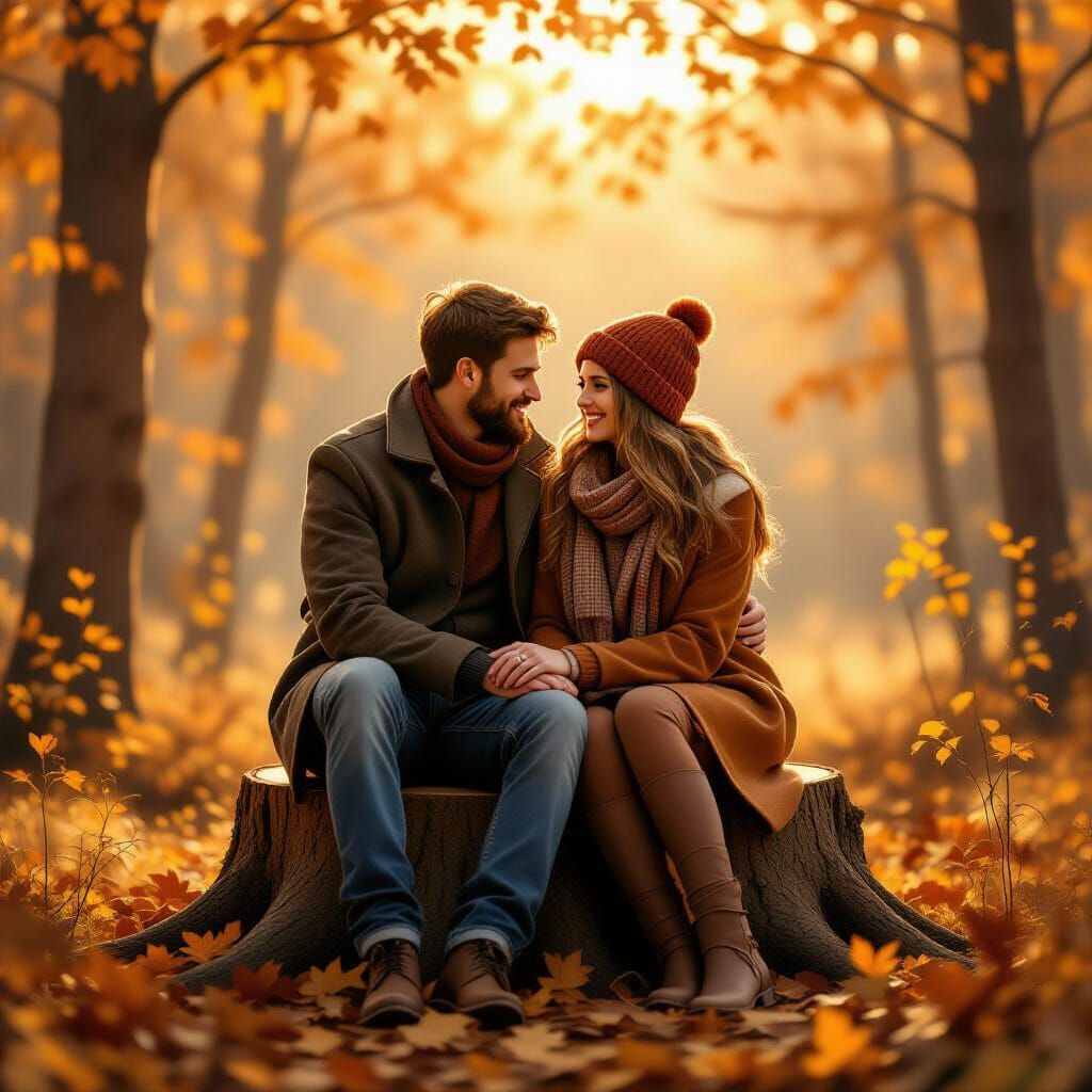 Romantic Couple in Golden Lit Autumn Woods