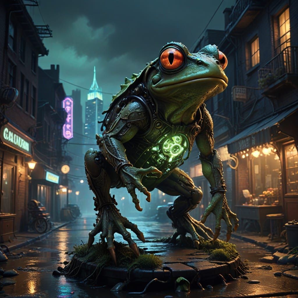 Mechanical Frog Marvels in Neon Cityscape