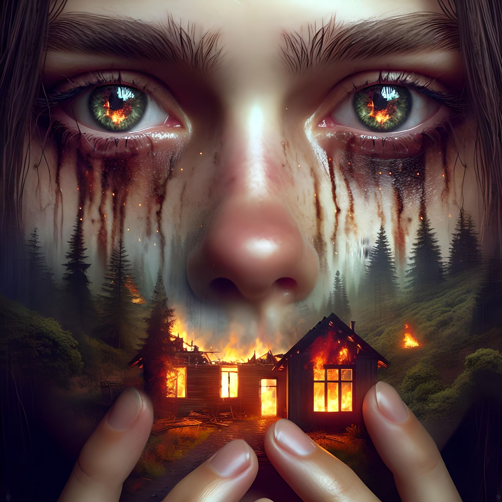 Heartbreak: Woman's Eyes Reflect Forest Fire