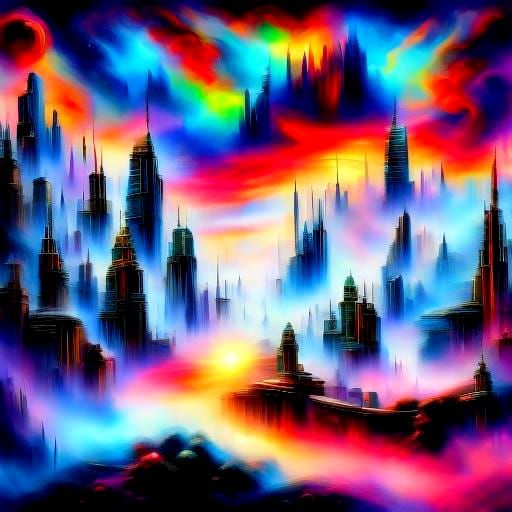 Iridescent Rainbow City in Surreal Style