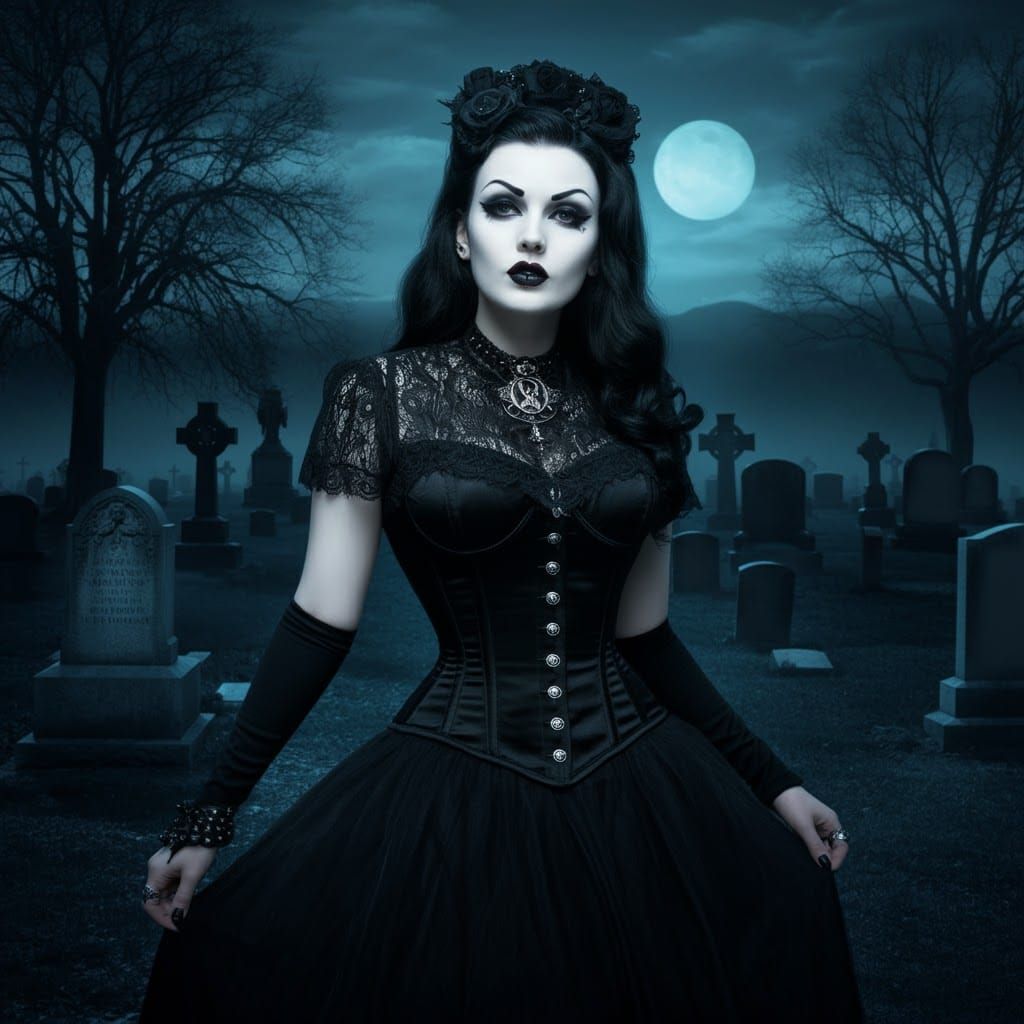 Goth Woman in Graveyard, Retro Pinup Style
