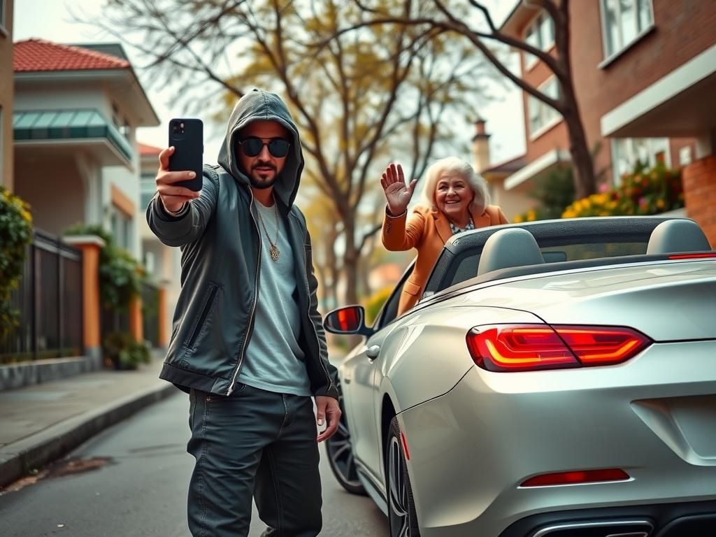 A digital scene of a quiet back alley, where a young gangster 
standing next to a posh car wearing gangster outfit is tr...