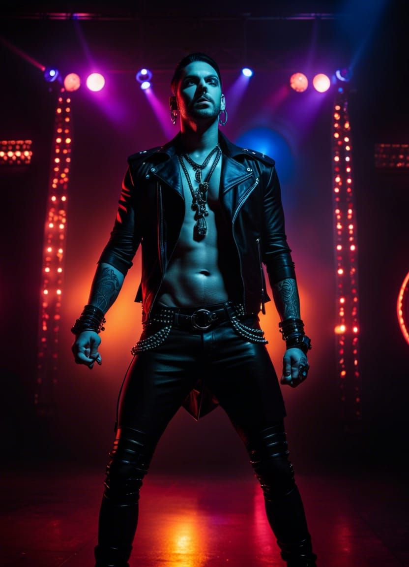 Goth Man Dancing in Nightclub with Neon Lights