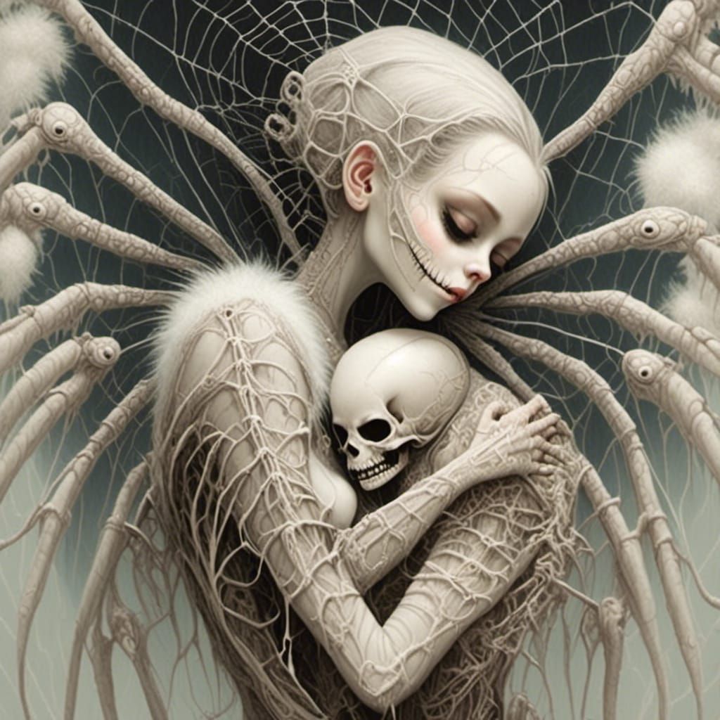 Skeletal Woman Hugging a Fluffy White Spider