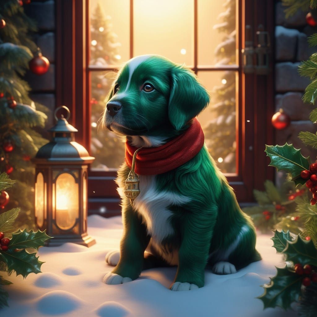 Whimsical Santa Puppy in Snowy Winter Wonderland Scene