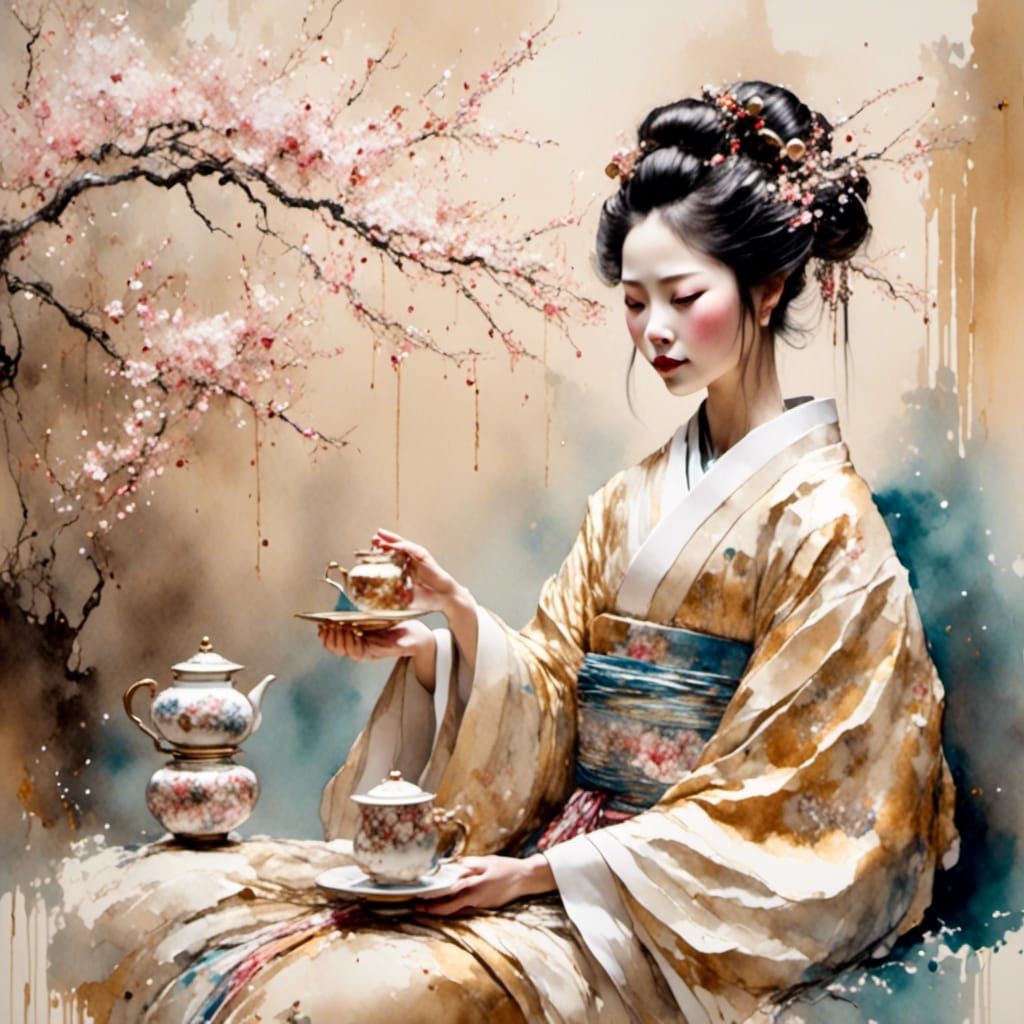 Geisha Tea Ceremony in Impressionist Watercolor Style