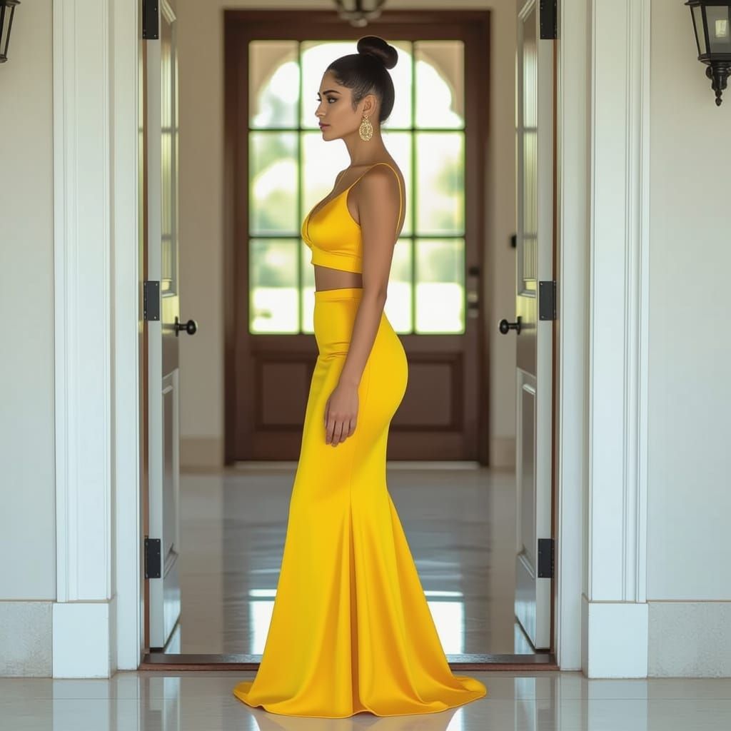 Photorealistic Indian Woman in Yellow Pencil Skirt at Door