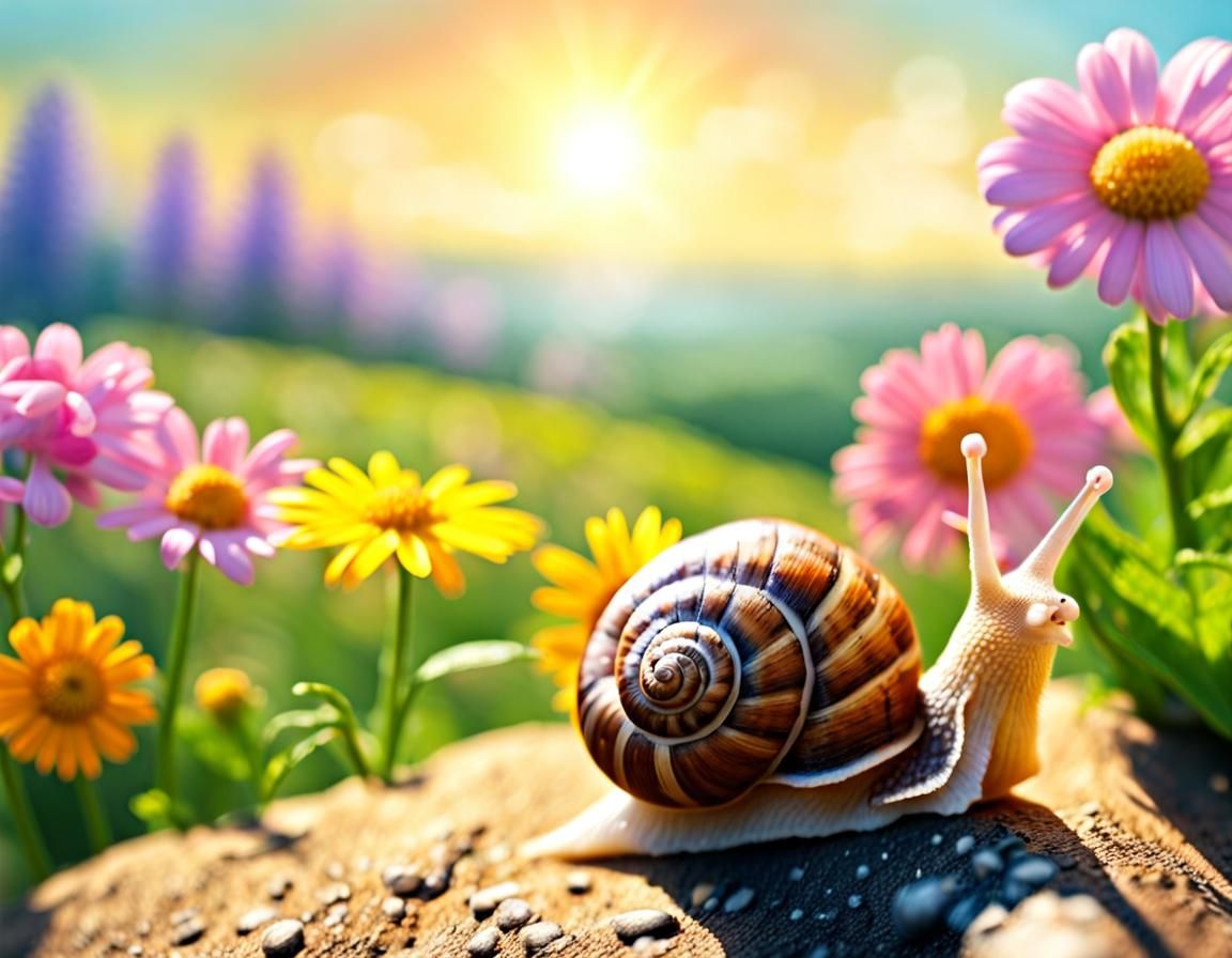 Cute Snail in a Sunny Flower Landscape