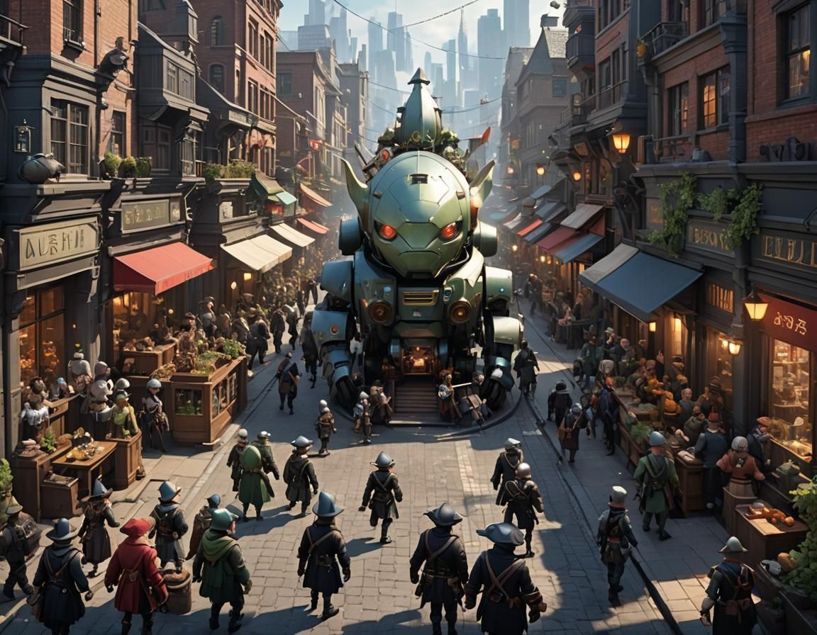 Aetherpunk Cityscape with Elves and Robots in Anime Art