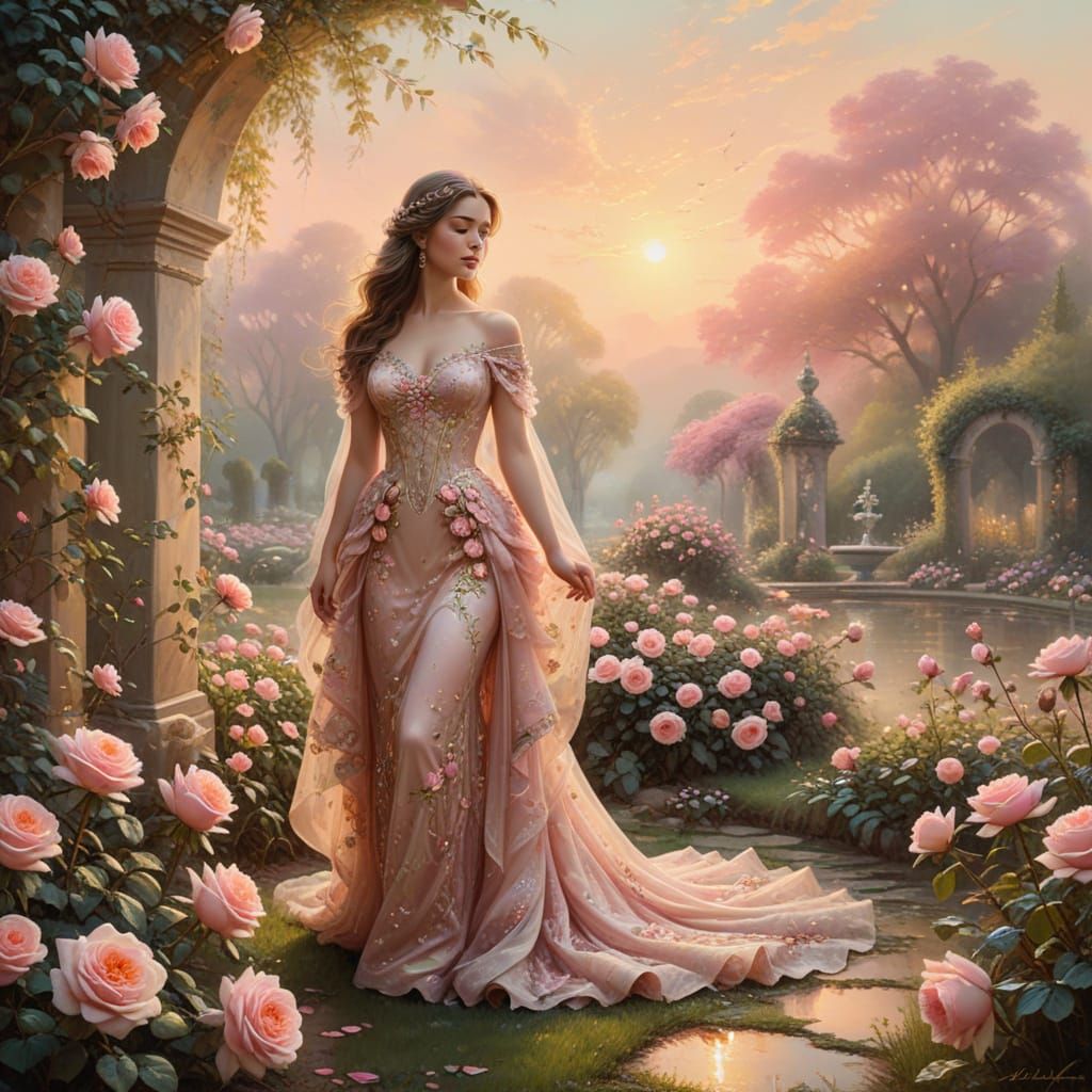 Regal Woman in Enchanted Rose Garden at Golden Hour