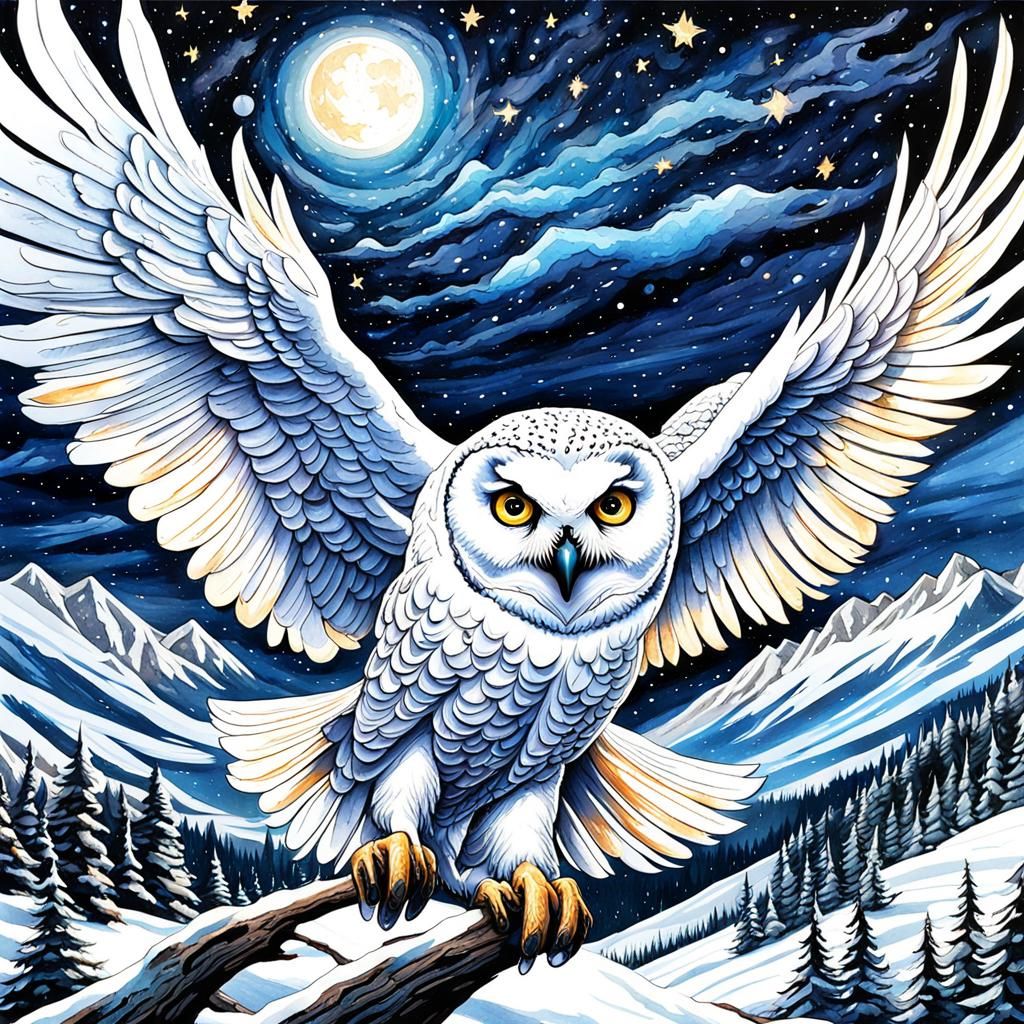 Ethereal Gothic Snow Owl Watercolor Painting