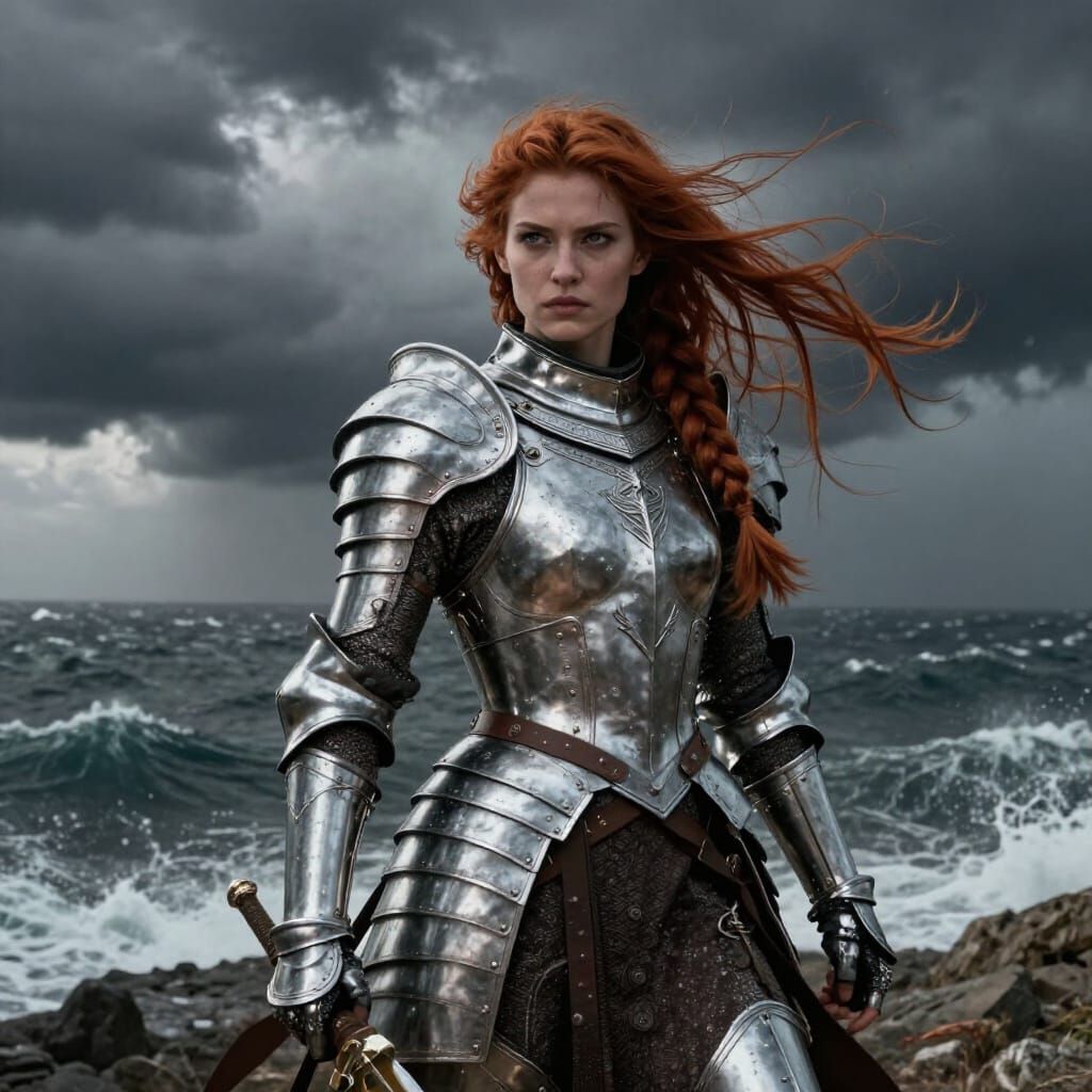 Warrior Princess on Stormy Cliff Overlooking Sea