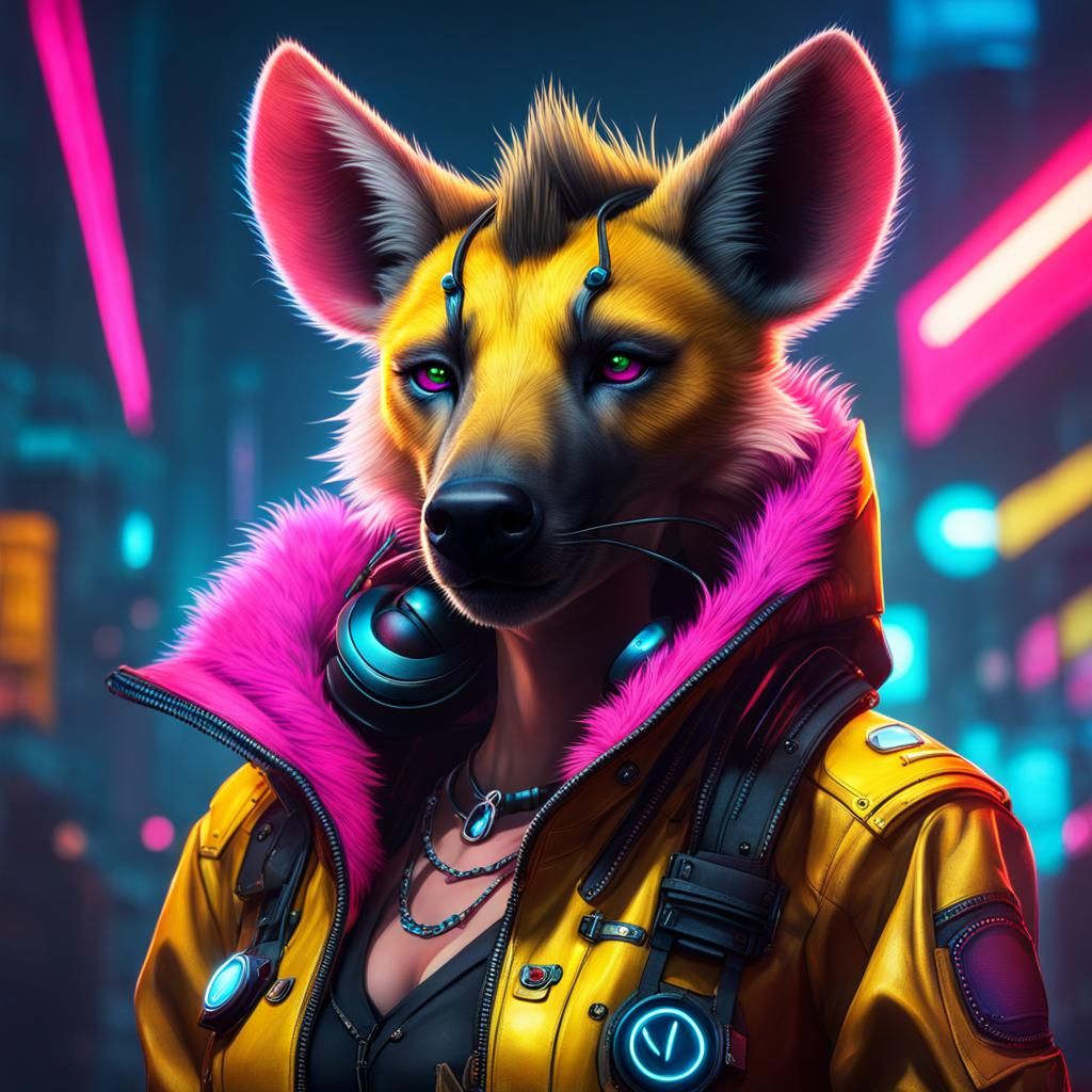 Cyberpunk Hyena Fursona in Rainy Neon City
