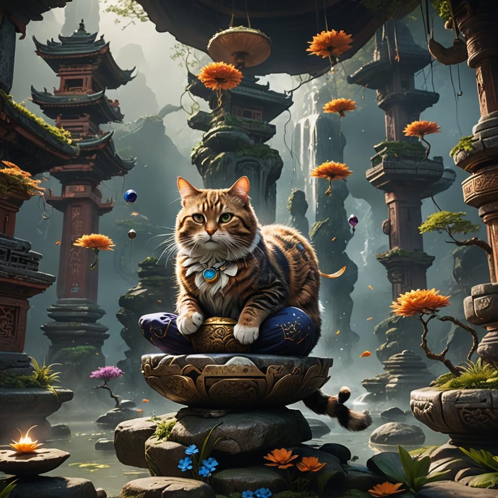 Zen Cat Levitating in Meditation: Detailed Matte Painting