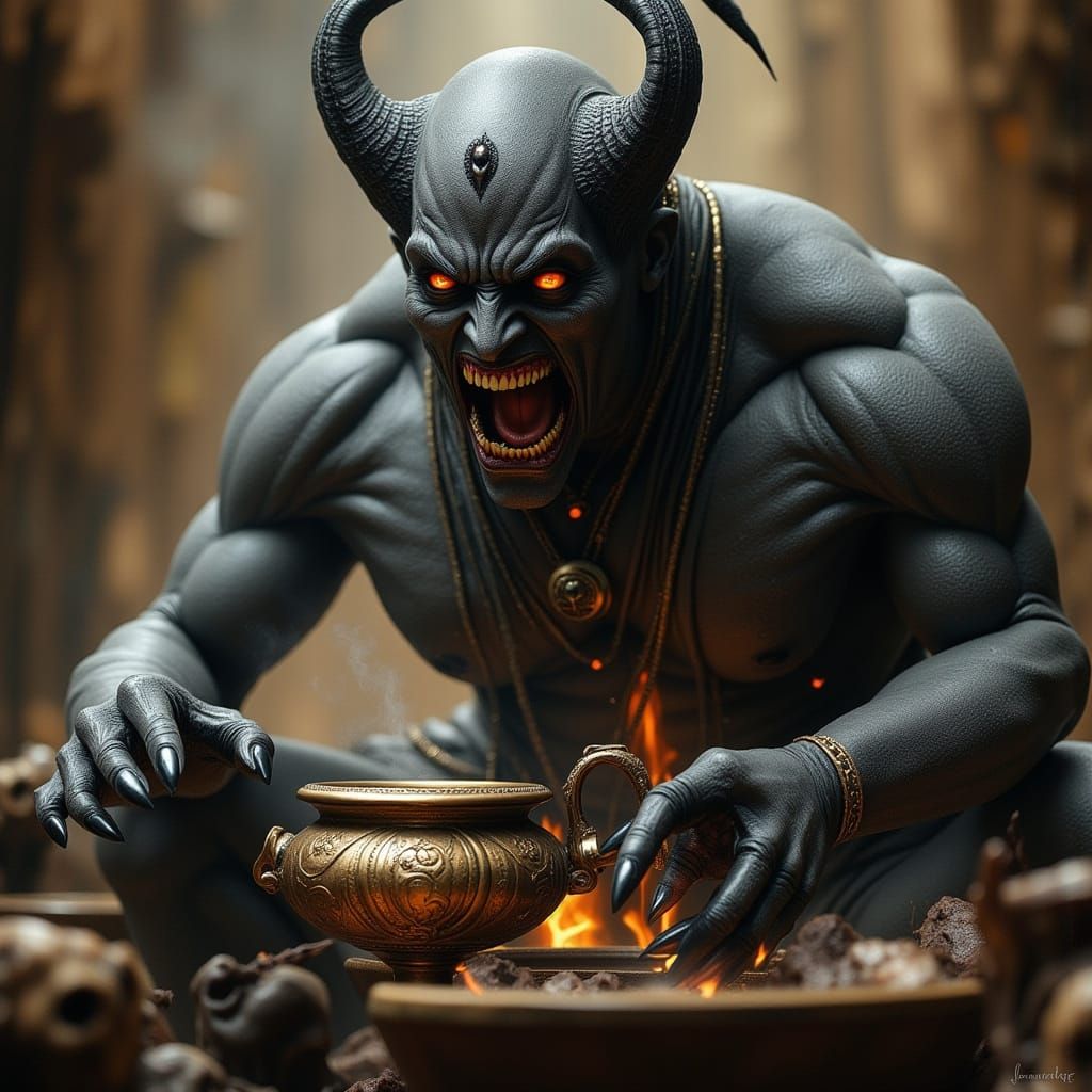 Angry Black Genie Emerges From Urn Threatening Man