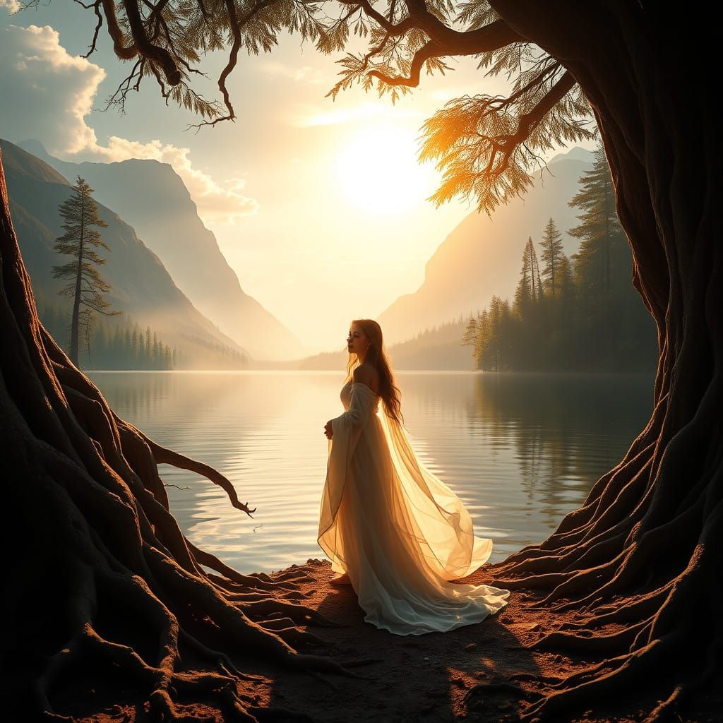 Ethereal Woman in Lush Forest Landscape