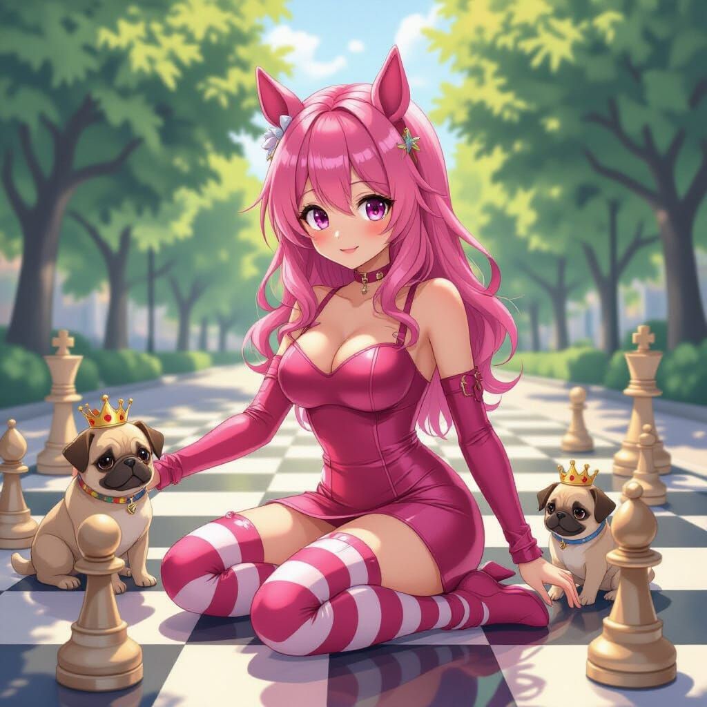 Anime Girl with Horse Ears on Chessboard