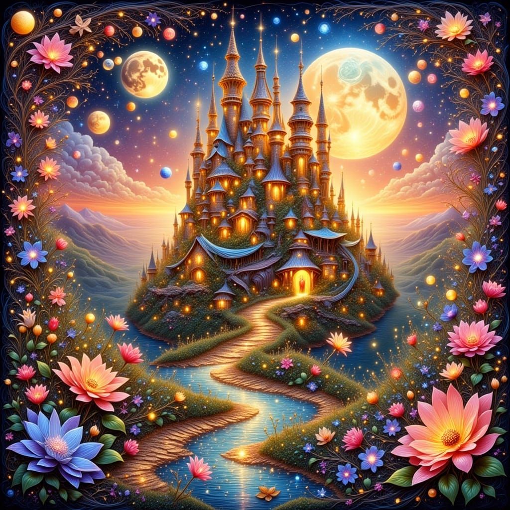 Fairytale Castle at Sunset in Watercolor Style