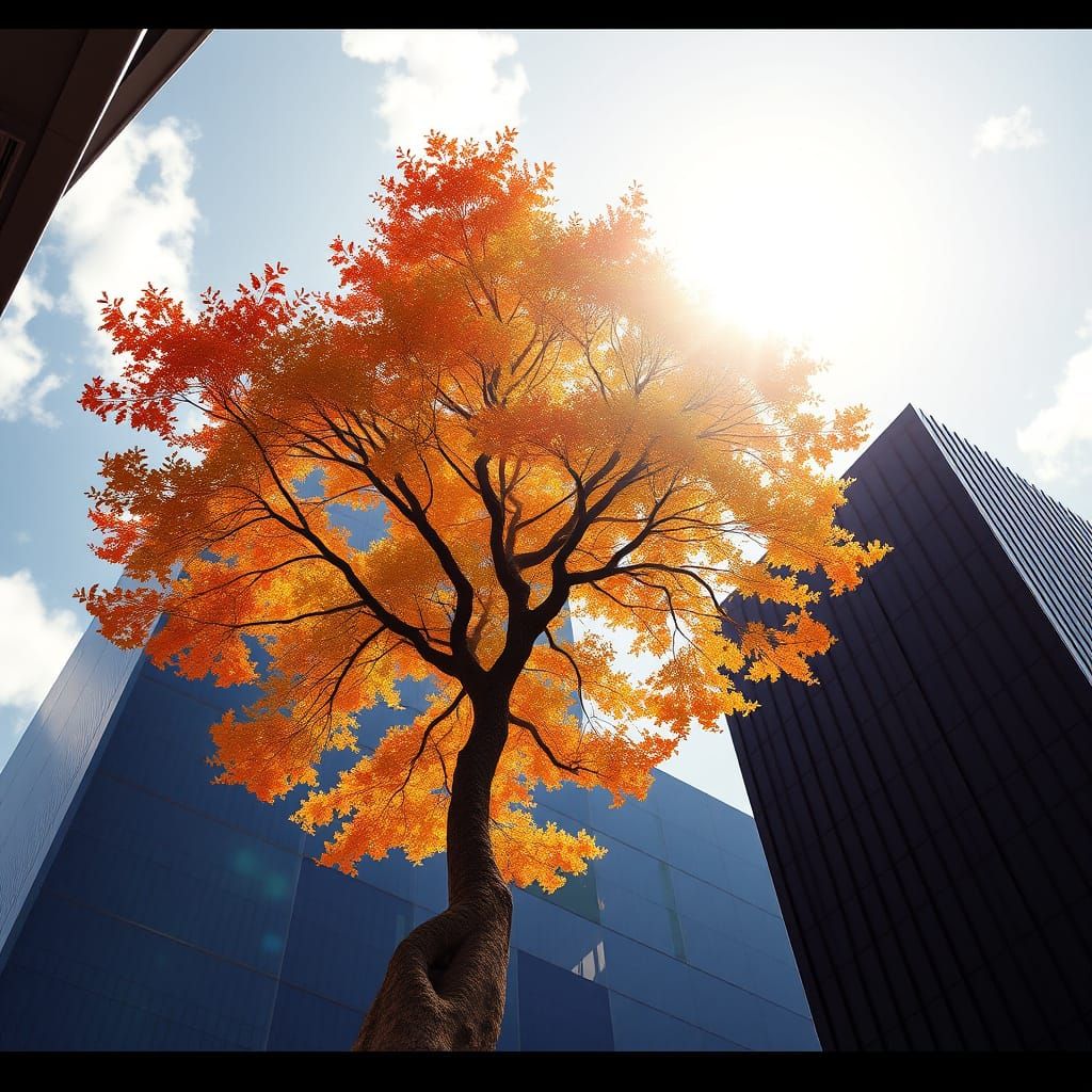 Vibrant Tree Surmounts Modern Skyscraper in Realistic, Hyper...