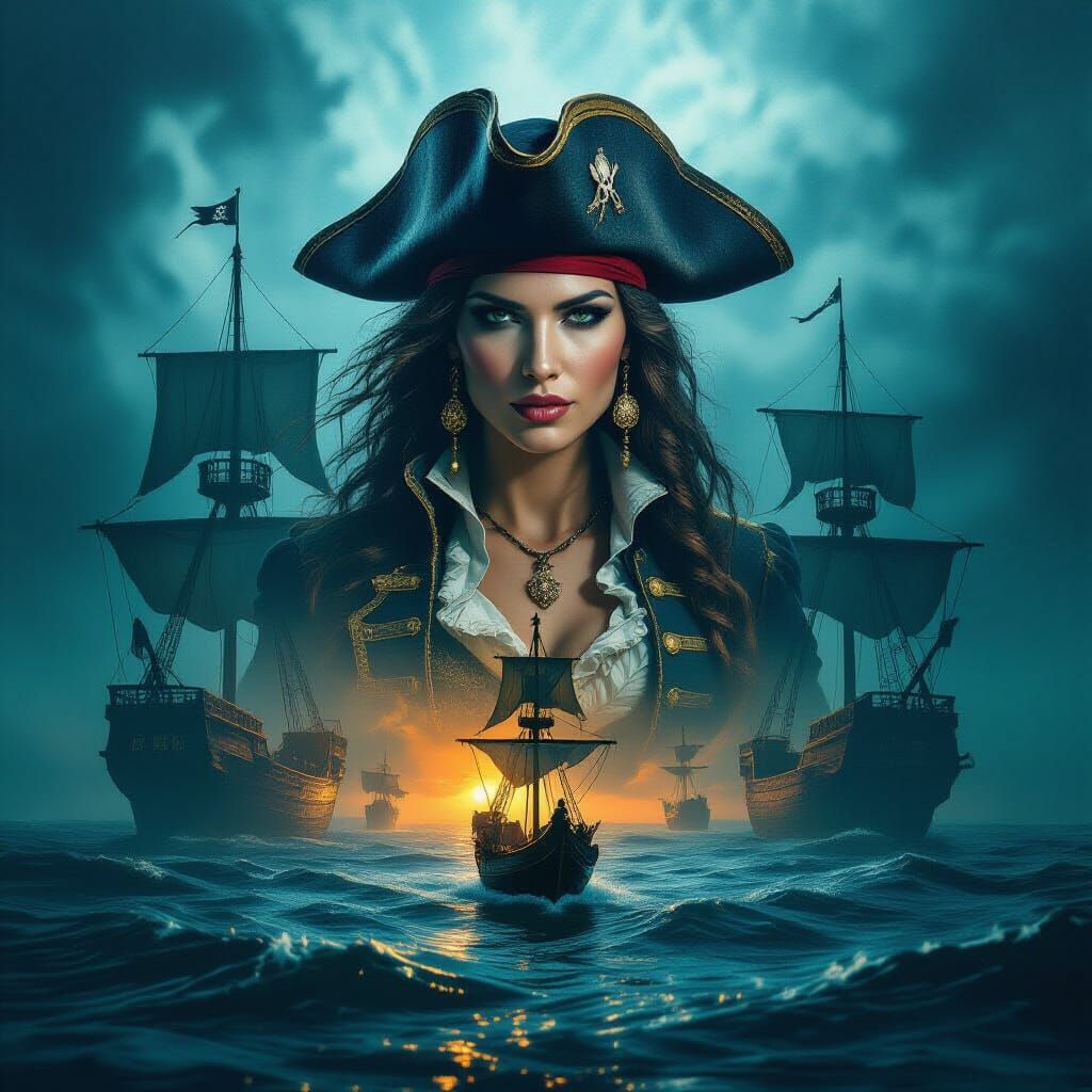 Pirate Ships at Sea: Dark Fantasy Double Exposure