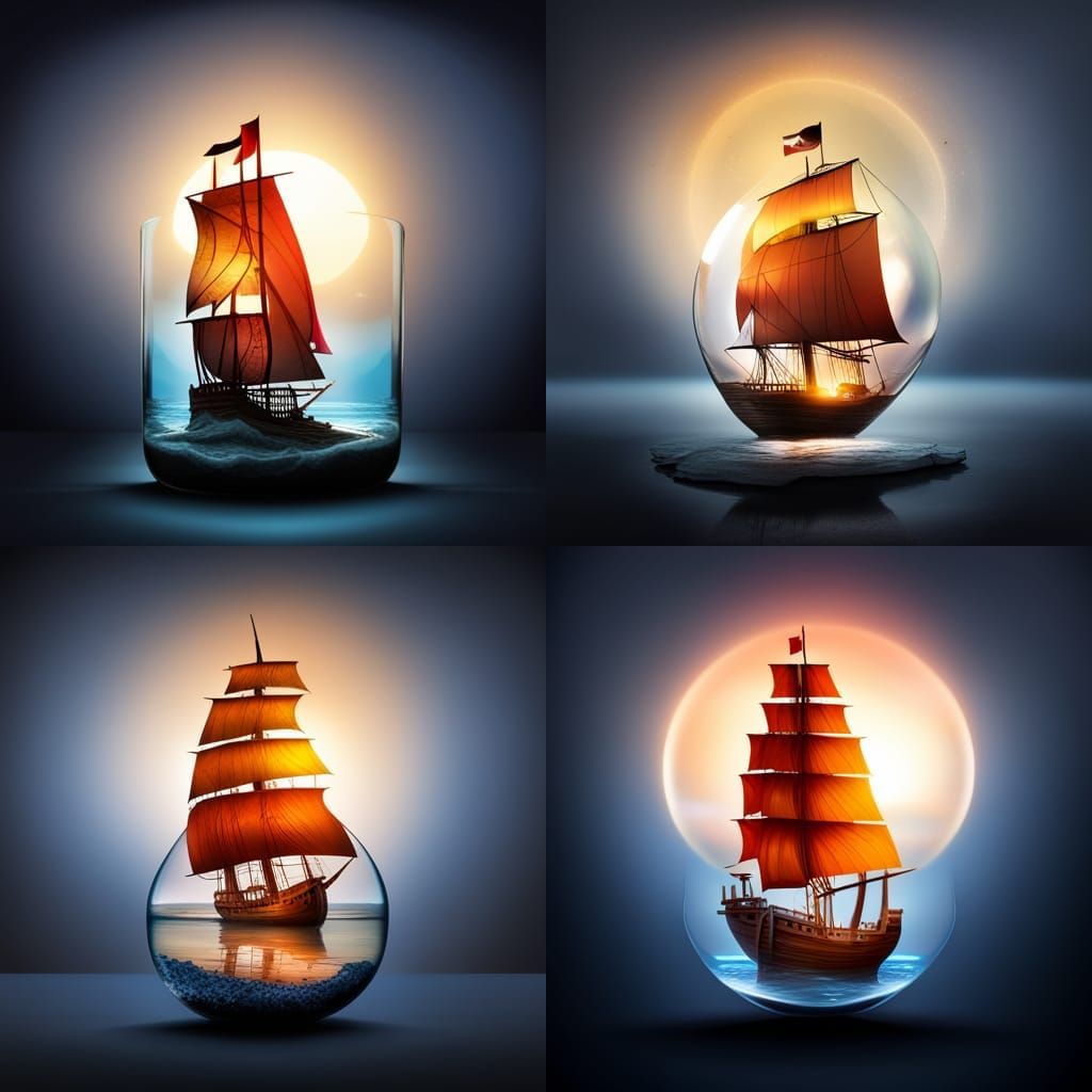 Pirate Ship Sailing the Ocean in a Bottle