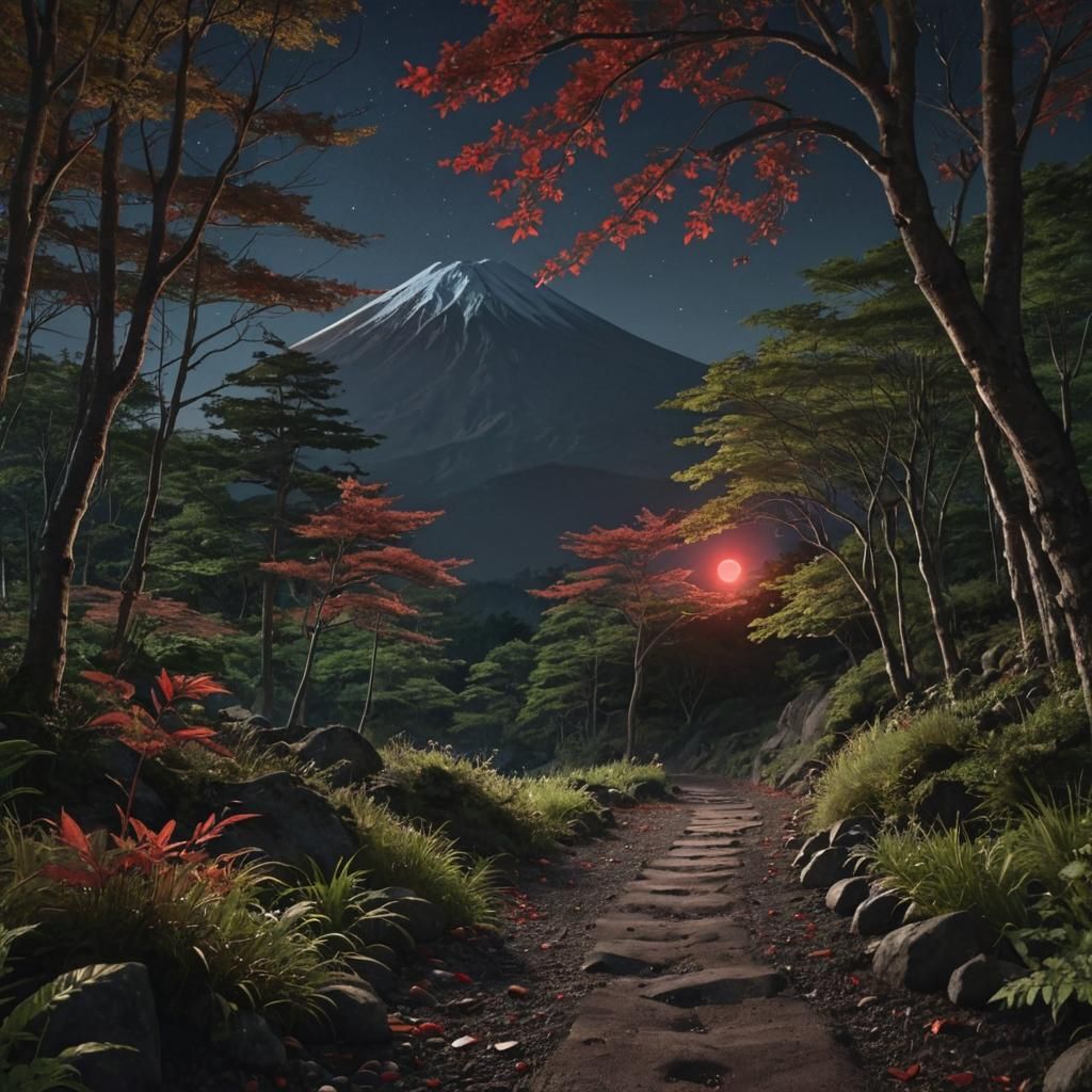 Hyperrealistic Mt. Fuji in Forest Under Red Moonlight