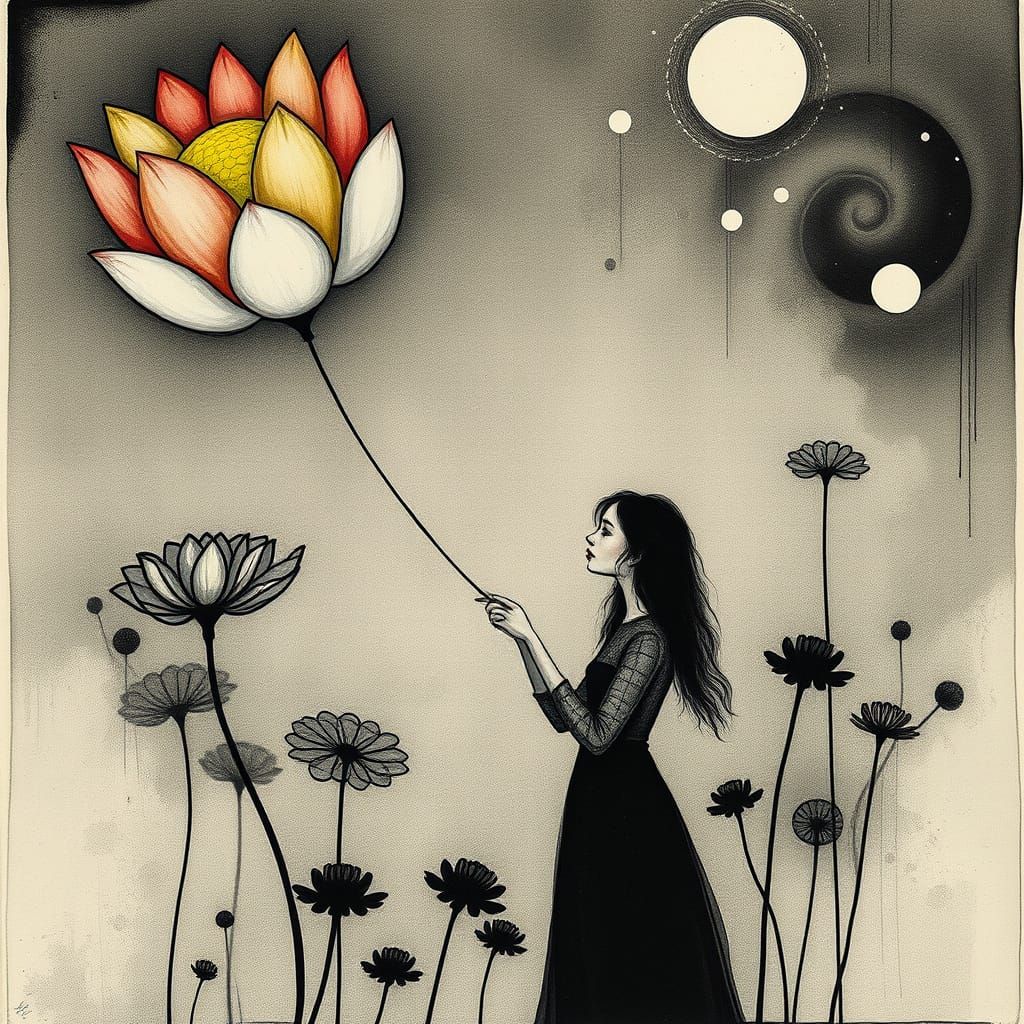 Woman with Rainbow Lotus Balloon: Etching Style