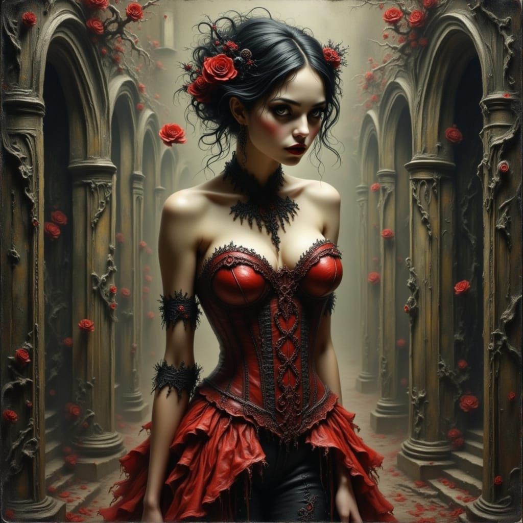 Gothic Pinup in Dystopian Castle, Biopunk Style