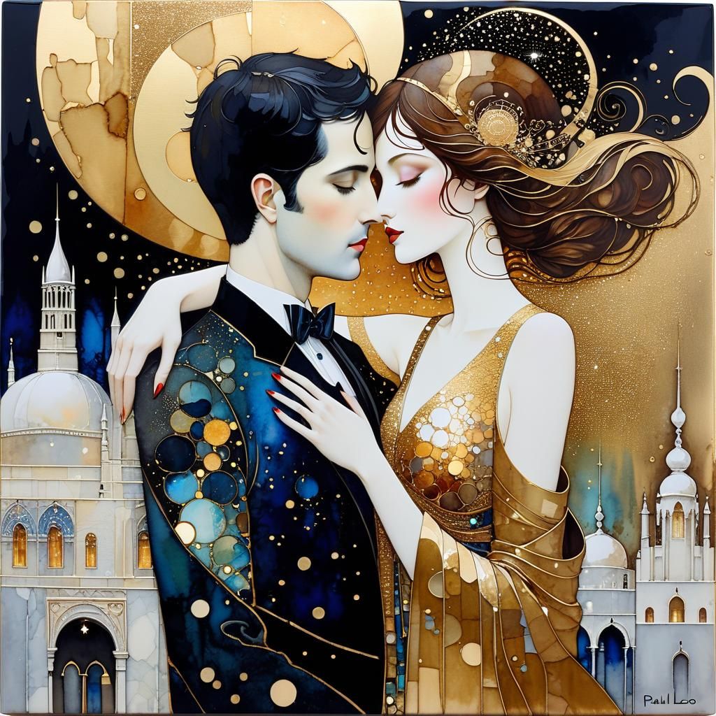 Romantic Embrace in Surreal Alcohol Ink Dreamscape