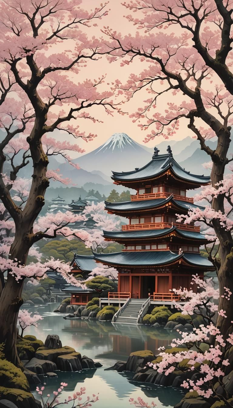 Japanese temple in Ukiyo-e style