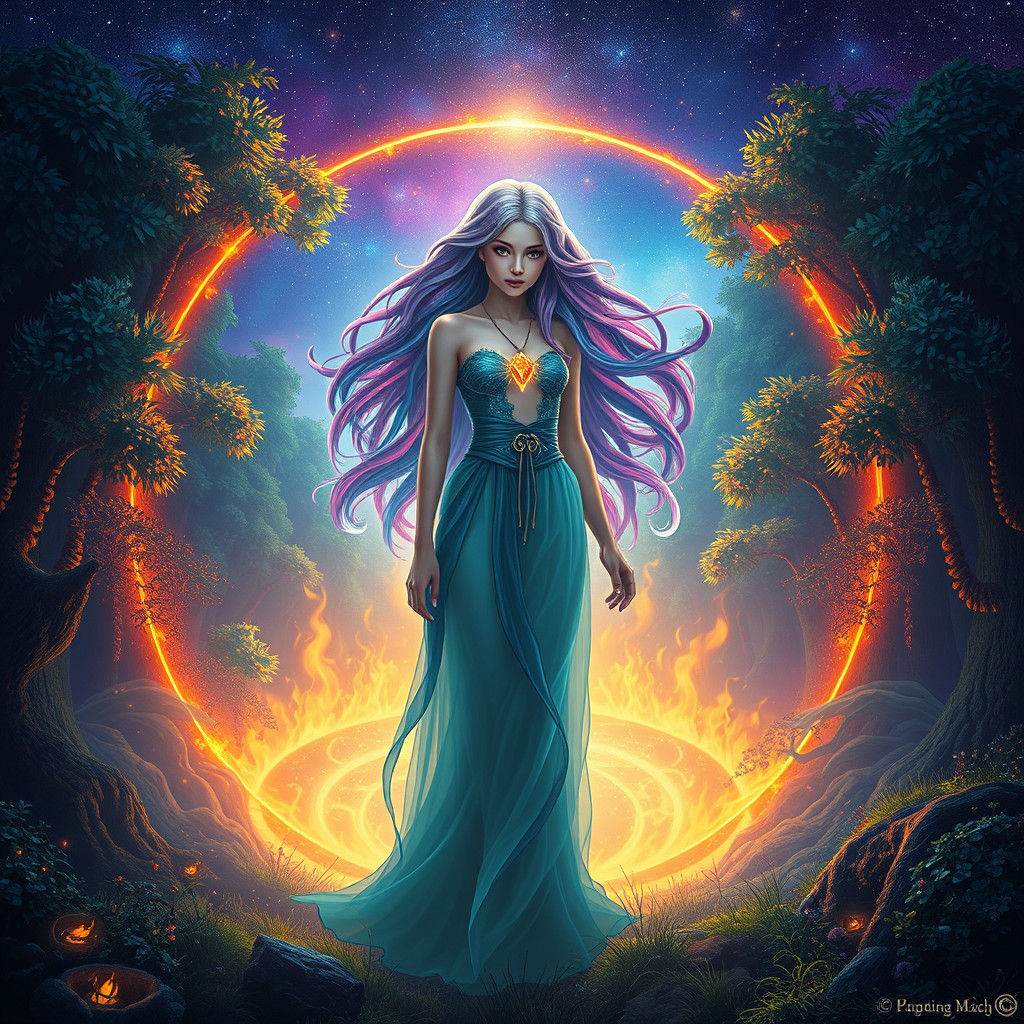 Enchanting Woman in Fiery Forest